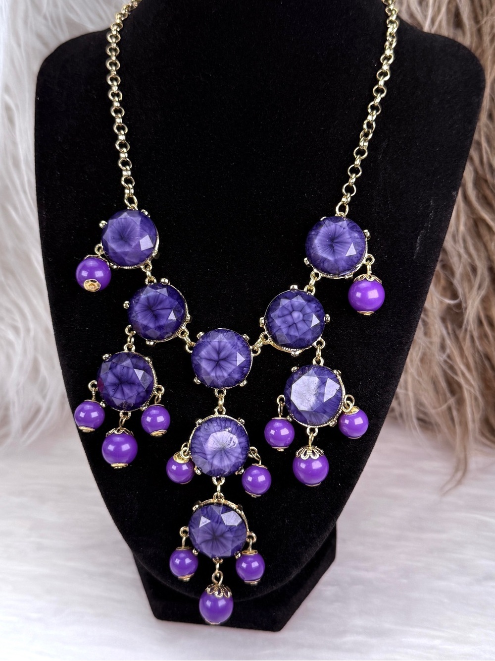 Goldtone purple bib, dangle costume statement necklace